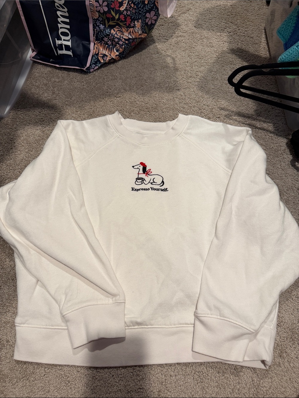 Old Navy White Crewneck Sweatshirt with Red & Black Embroidered Dog Graphic